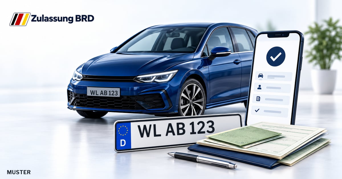 Online Fahrzeugzulassung in Neu Wulmstorf: Musterkennzeichen WL AB 123, Auto und Fahrzeugpapiere und Smartphone. Illustration mit Logo von Zulassung BRD.